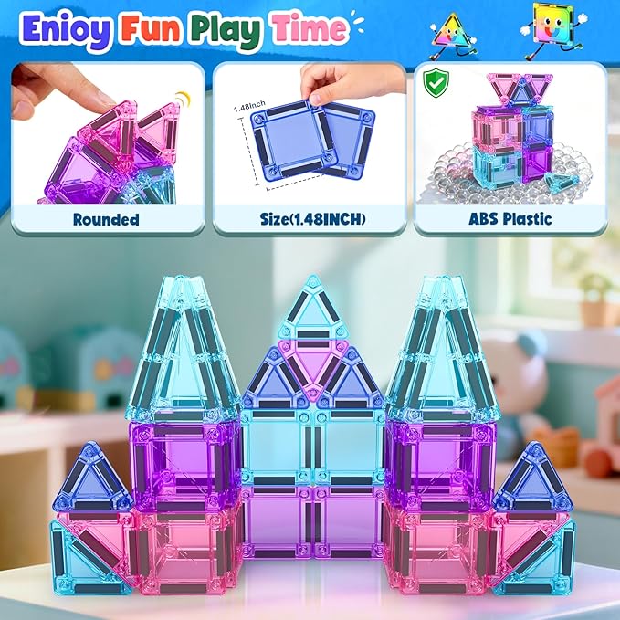 Magnetic Tiles Toddler Toys Travel Essential Games Magnet Building Blocks STEM Sensory Educational Toys for 3 4 5 6 7 8+ Year Old Boys Girls Christmas Birthday Gifts