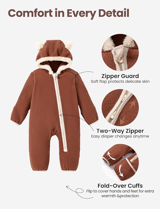 PATPAT Fleece Hooded Footed Romper Clothes, Soft Warm Footie Covers, Car Seat Friendly, Easy Zip, Cute Boy Girl