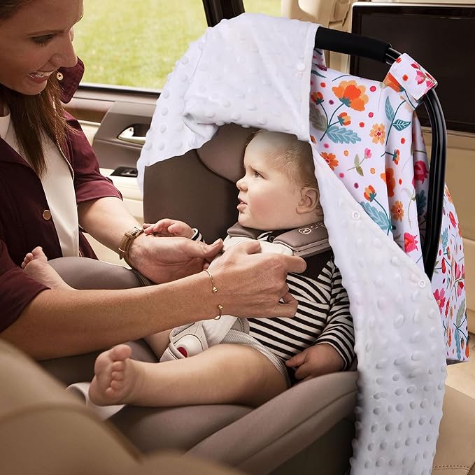 Metplus 2 in 1 Flowers Baby Car Seat Cover, Car Seat Canopy for Babies, Mom Multiuse Nursing Cover, Minky Baby Carrier Covers, Newborn Boy Girl, Peekaboo Opening