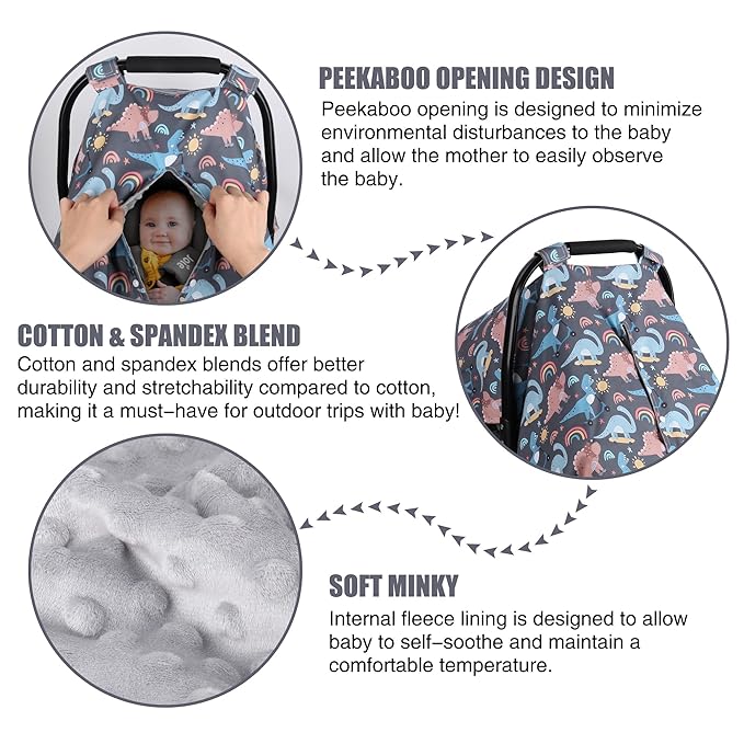 Metplus 2 in 1 Dinosaur Baby Car Seat Cover, Car Seat Canopy for Babies, Mom Multiuse Nursing Cover, Minky Baby Carrier Covers, Newborn Boy Girl, Peekaboo Opening