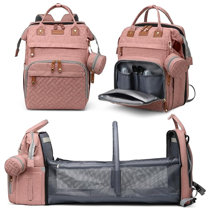 Diaper Bag Backpack with Changing Station, Large Diaper Bag For Boys And Girls, Multifunctional Waterproof Travel Diaper Backpack, Baby Bag with USB Charging Port for Moms Dads,pink