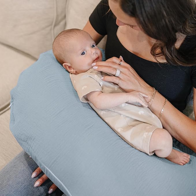 Konssy Muslin Nursing Pillow Covers, Soft and Cute Nursing Covers for Breastfeeding Pillows, Ideal for Newborn Baby Boys and Girls (Blue, Cream) - 2 Pack