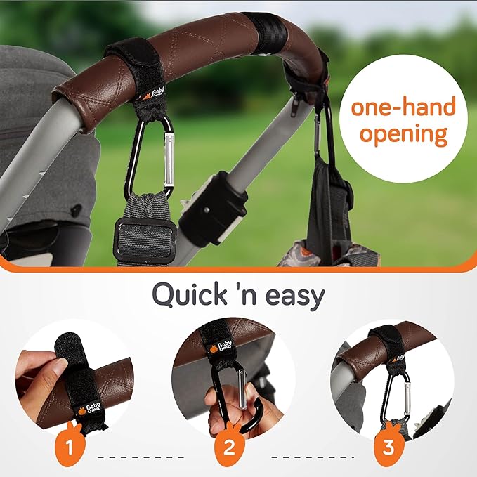 Baby Uma 4-Pack Stroller Hooks - Universal Bag Clips for Diaper Bags, Carry 11 lbs Each, Adjustable Straps