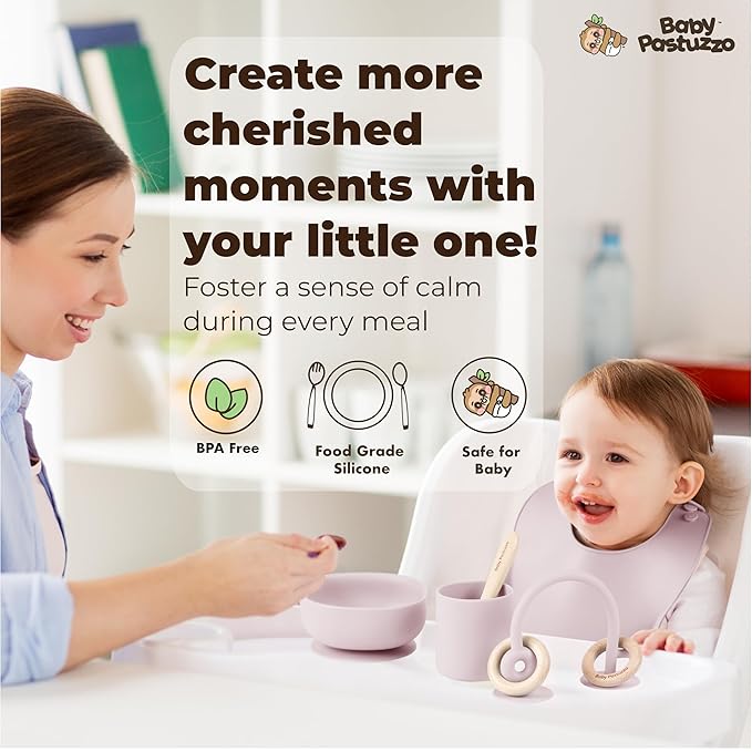 Set of Silicone Feeding Set 6 in 1 and Educational Montessori Toys, for Baby and Infant Toddlers (Rose Pink)