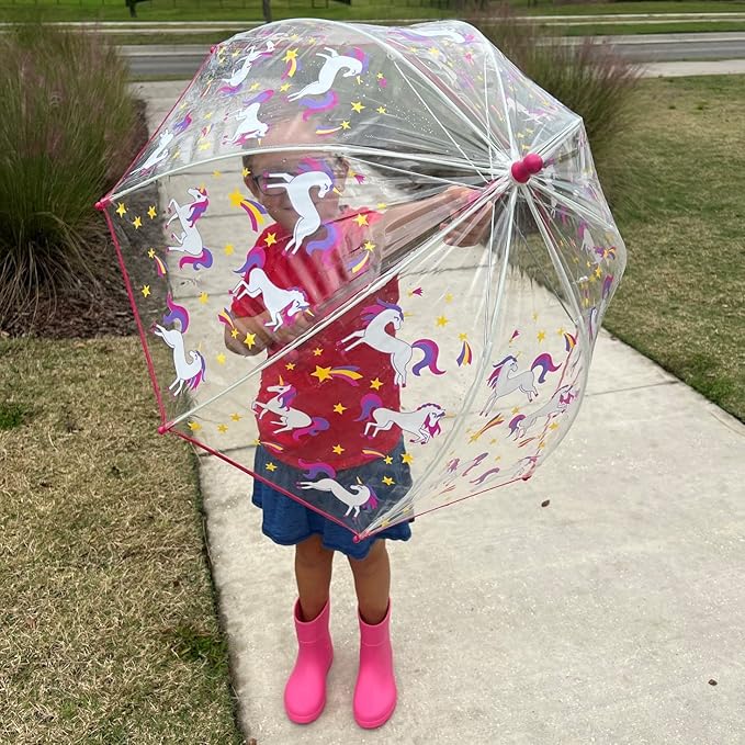 totes Kids Clear Bubble Umbrella with Dome Canopy, Lightweight Design, Wind and Rain Protection Umbrella, Pink Unicorn, Kids - 38" Canopy