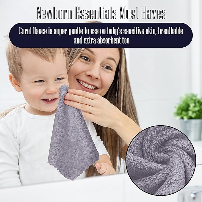 32 Pack Baby Washcloths - 10x10 Inch, Coral Fleece - Extra Absorbent and Soft Wash Clothes for Newborns, Infants and Toddlers - Suitable for Sensitive Skin and New Born - Baby Shower - Light Grey