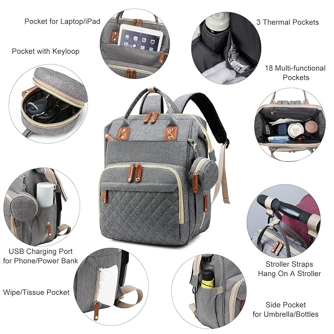 Baby Diaper Bag Backpack, Waterproof Baby Bags for Boys Girls, USB Charging Port, Baby Shower Gifts, Grey