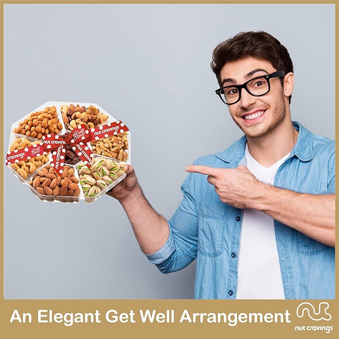 NUT CRAVINGS Gourmet Collection - Get Well Soon, Nuts Gift Basket with Get Well Soon Ribbon (7 Assortments) Food Platter, Healthy Snack Care Package, Food Assortments