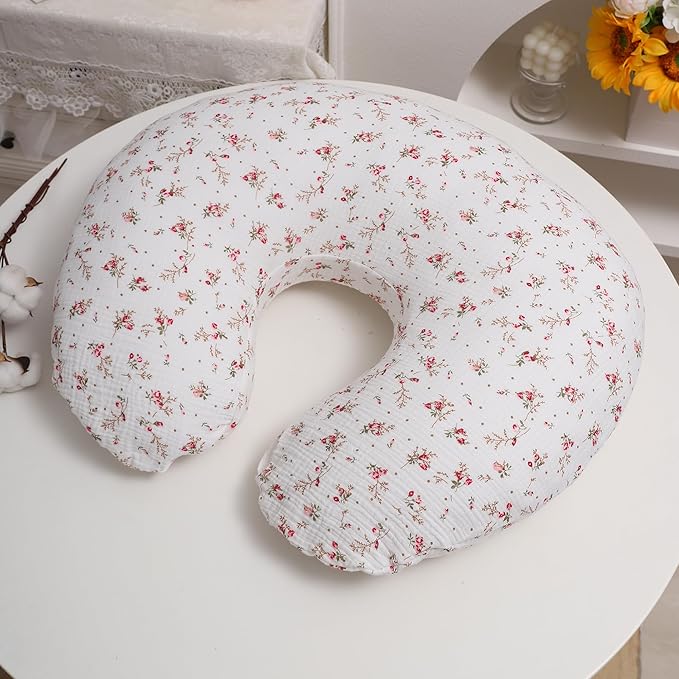 Onacosht Muslin Nursing Pillow Cover 2 Pack 100% Cotton Ultra Soft Breastfeeding Pillow Covers for Baby Boy and Girl, Pink and Floral