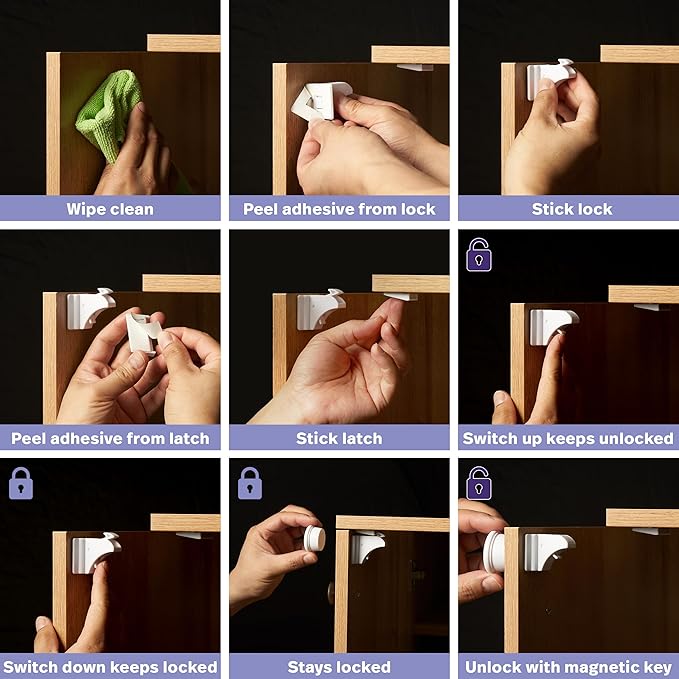 MATANA 20 Pack Magnetic Cabinet Locks Baby Proofing (20 Locks + 4 Keys) Adhesive Easy Installation, No Drilling Child Proof Cabinet Locks Magnetic Drawer Locks