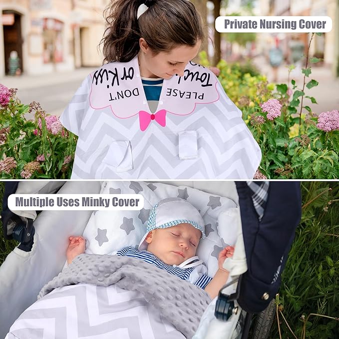 Metplus 2 in 1 Baby Car Seat Cover, Car Seat Canopy for Babies, Mom Nursing Cover, Minky Baby Carrier Covers, Newborn Boy Girl Shower Gift, Peekaboo Opening & No Touch Sign, Grey Stripes