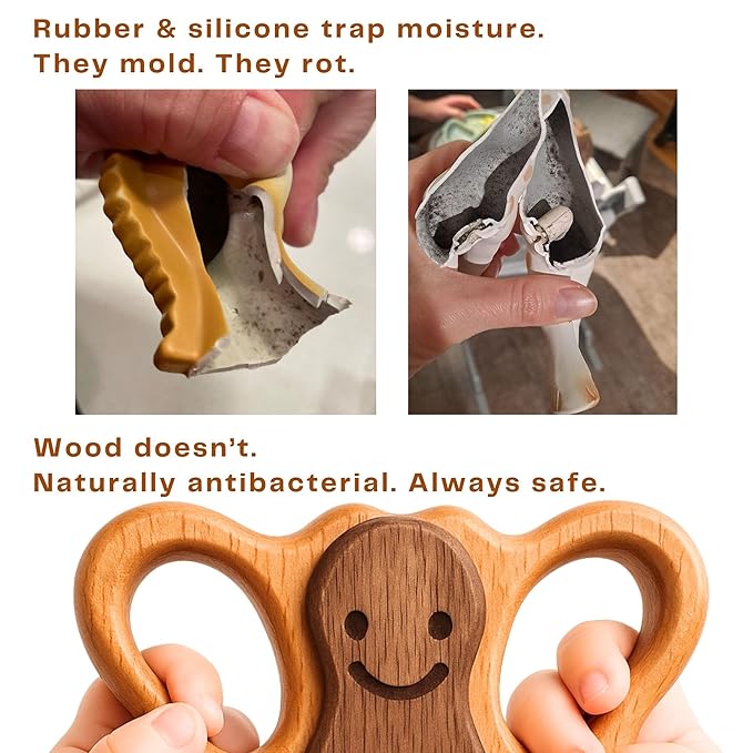 HippoToys 100% Natural Wooden Baby Rattle – Handmade Montessori Toy, Plastic-Free, No Toxins or Paint – Safe Gift for Newborns to 12 Months