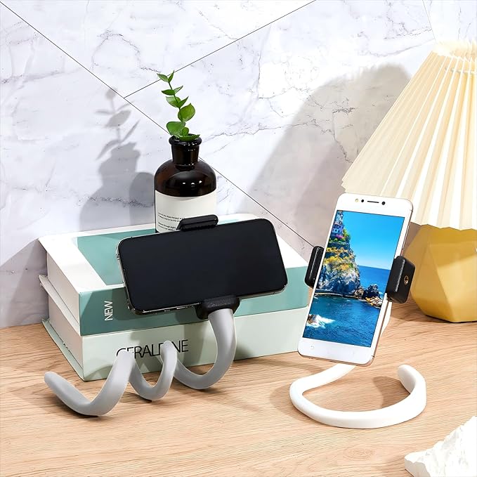 Amylove 2 Pcs Stroller Phone Holder Portable Cell Phone Holder Stand Universal Stroller Accessories for Parent Baby Toddler Cellphone Clamp with Non Slip Silicone Arm Grip(Grey, White,Novel)