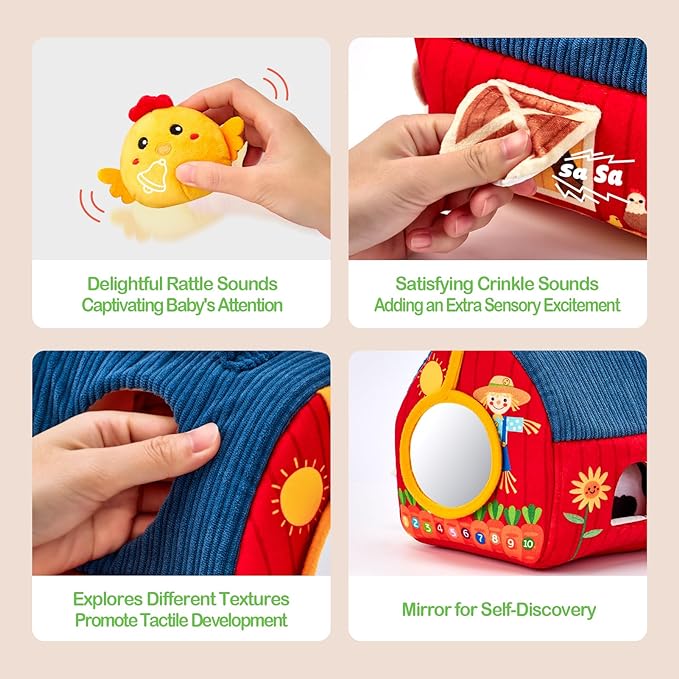 hahaland Baby Toys 6-12 Months - Surprise Barn Stuffed Farm Animals, Rattle, Crinkle, Mirror, Montessori Toys for 6 Month Old Babies Sensory Balls Toddlers 1-3 Gifts Christmas Baby Stocking Stuffers