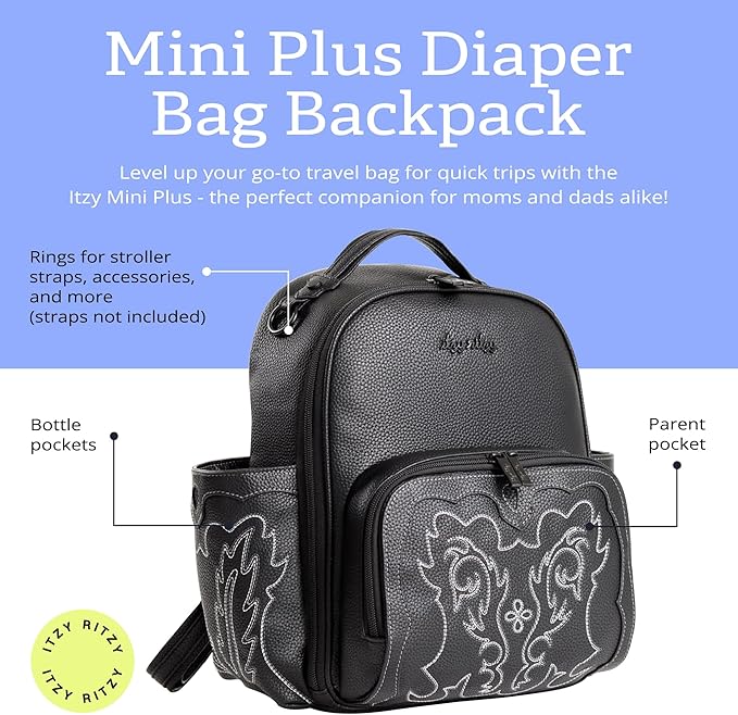 Itzy Ritzy Mini Diaper Bag Backpack – Chic, Compact Mini Plus Backpack with Changing Pad, 10 Pockets (6 Internal, 4 External), Grab-Top Handle & Rubber Feet (Outlaw)
