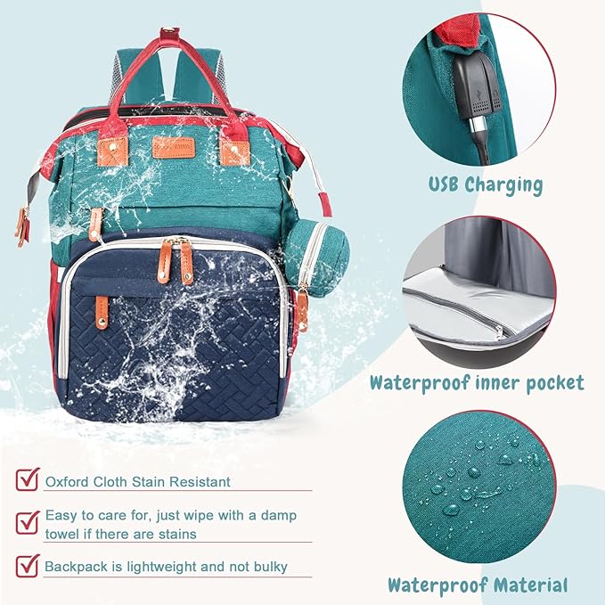 JOYCE Diaper Bag, with Diaper Changing Station, Multi-functional Large-capacity Diaper Bag Backpack, Best Gift for Newborns, Travel Essentials Diaper Bag Backpack (Blue-Green)