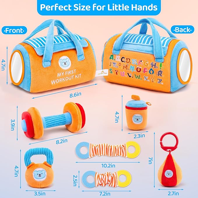 Baby Toys 3-6-12 Months Sensory Toy for Babies Workout Dumbbell Weights Toy Set with Rattles,Crinkle,Mirror & Teether,Montessori Toys for 6 Month Old Infant Baby Girl Boy Gifts