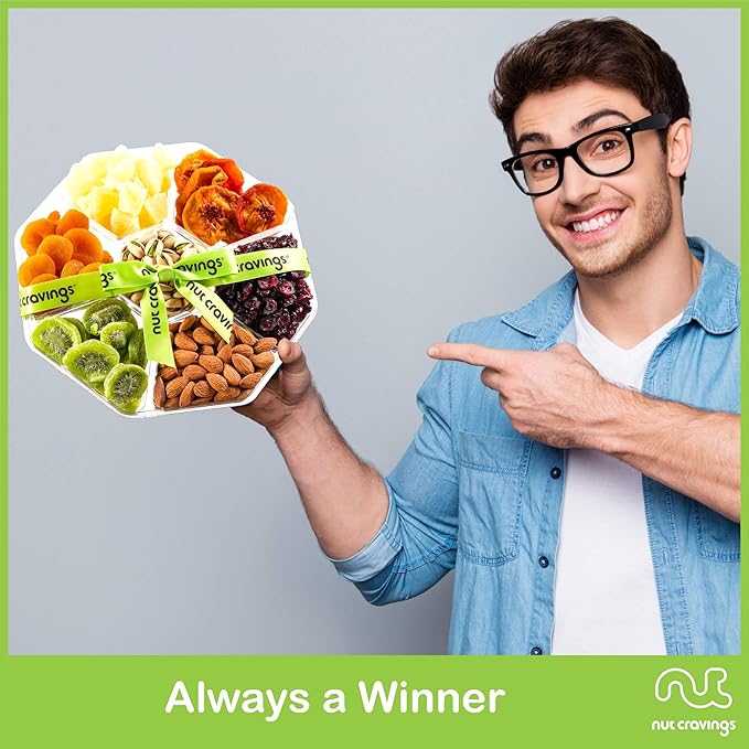 NUT CRAVINGS - Rosh Hashana & Shana Tova Dried Fruit & Mixed Nuts Gift Basket + Green Ribbon (7 Assortments, 1 LB) Food Arrangement, Healthy Snack Care Package, Food Assortments