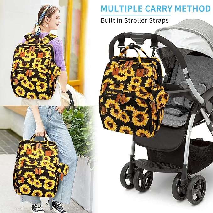 KABAQOO Diaper Bag Backpack with Detachable Changing Station, Large Capacity Baby Diaper Bags for Boys & Girls, Baby Registry Search Stuff & Shower Gifts, Newborn Essentials Must Haves, Sunflower