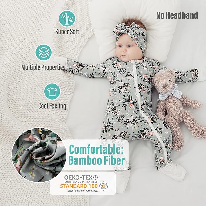 OPAWO Viscose from Bamboo Baby Pajamas Girl 2pack Mittens Cuff 2 Way Zipper Soft Footless Sleeper Baby Boy One-Piece Romper