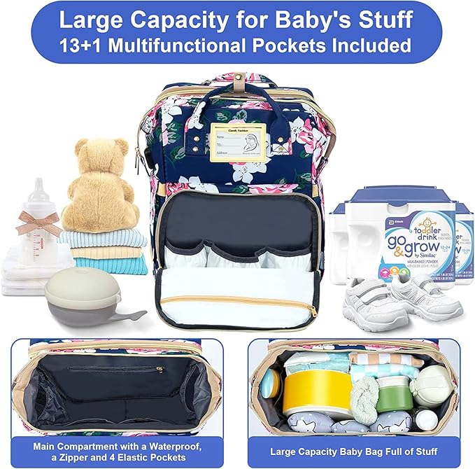 Diaper Bag Backpack with Changing Station, Foldable for Bady Toddler, 3 in 1 Large Capacity Newborn Essentials Organizer with Stroller Hook for Girls and Boys(Blue)