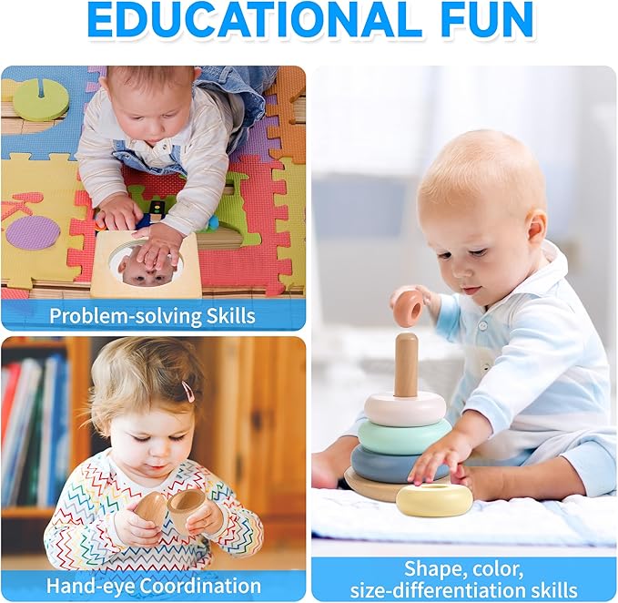 Montessori Toys for Babies 6-12 Months, 9 in 1 Educational Wooden Toys Set, Includes Object Permanent Box, Stacking Cups, Mirror Puzzle, Ring Stacker and More