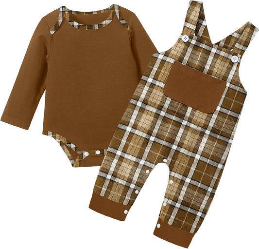 Baby Boy Clothes Long Sleeve Animal Plaid Romper + Overalls Infant Boy Clothes 2PCS Fall Winter Outfits
