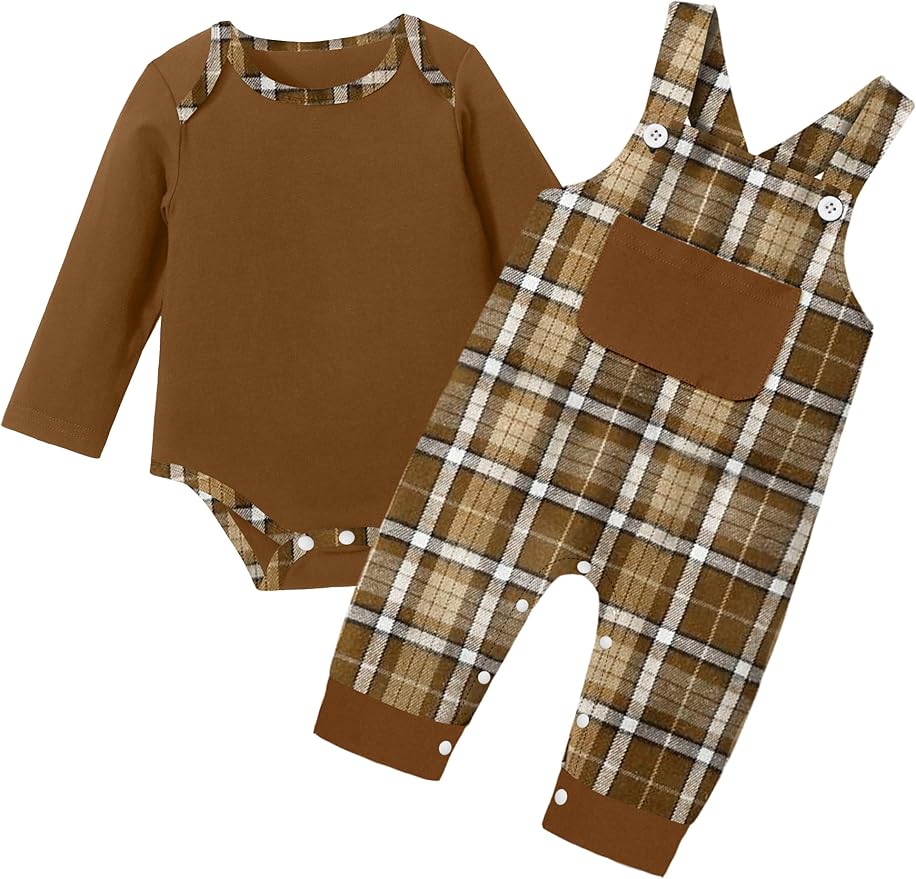 Baby Boy Clothes Long Sleeve Animal Plaid Romper + Overalls Infant Boy Clothes 2PCS Fall Winter Outfits