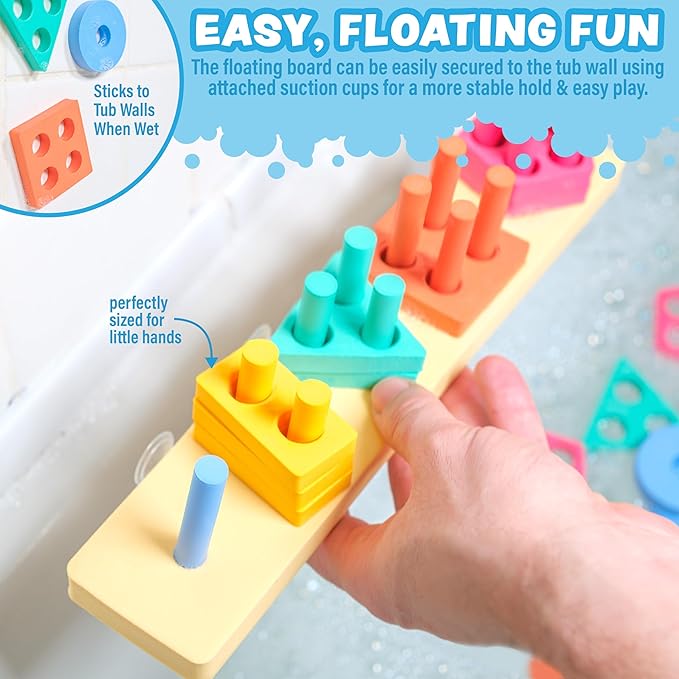 Tub Works® Splash, Stack & Sort™ Shape Sorter & Stacking Toddler Bath Toy | 20 Foam Pieces | Color Sorting & Shape Stacking Kids Bath Toys | Floats & Sticks to Tub Walls | Early Learning Bathtub Toys