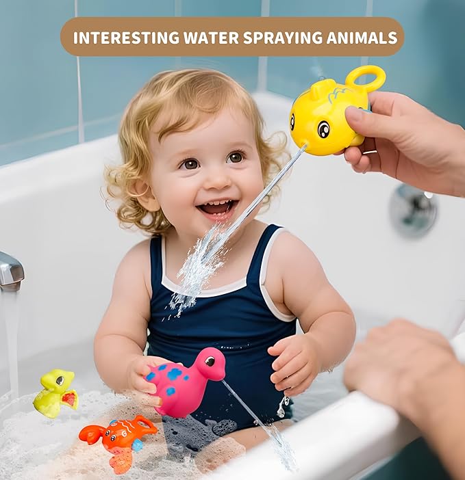 Bath Toys Set, Toddlers Bath Toys 1-3, Kid Bathtub Toy with 4pcs Dinosaur Water Spray, Fishing Games with Fish Net, Water Pool Toy , Shower Toy Gift for Boy Girl Infant