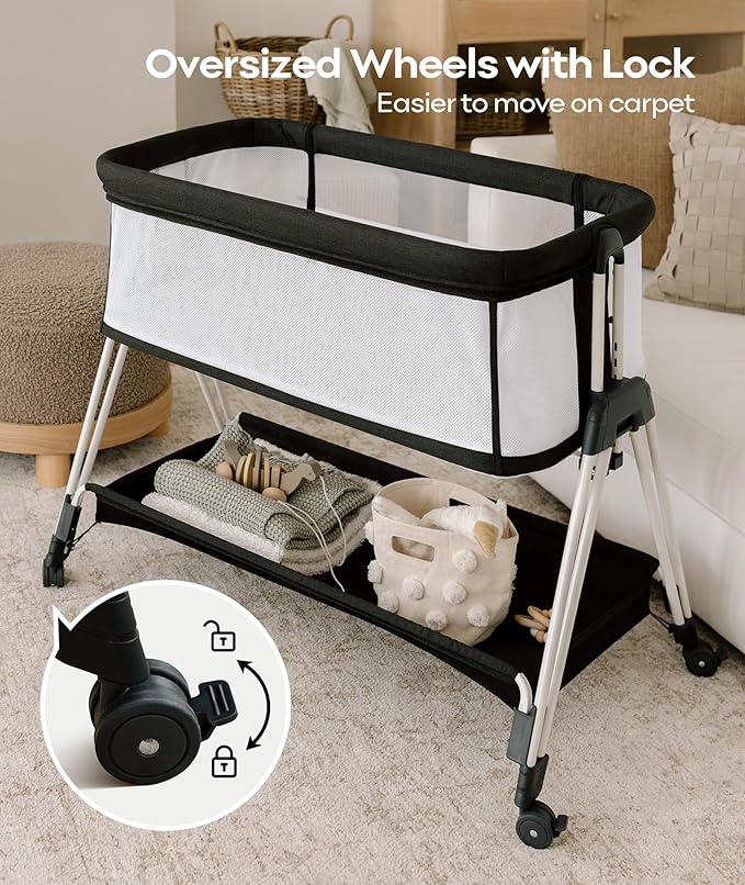Fodoss Baby Bassinet Bedside Sleeper with Wheels and Storage Tray,4-Sided Mesh Bedside Bassinet for Infant/Newborn,7 Height Adjustable Easy Folding Bedside Crib