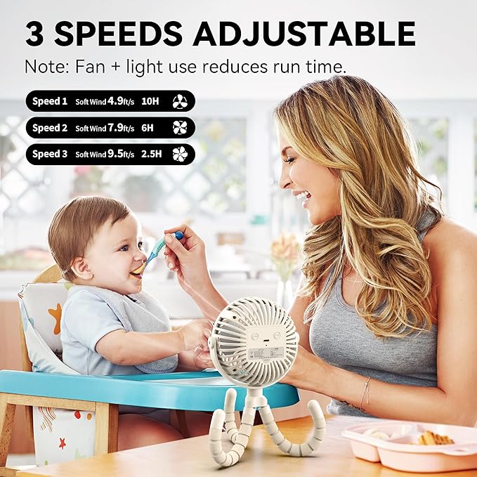 AMACOOL Battery Operated Stroller Fan Flexible Tripod Clip On Fan with 3 Speeds and Rotatable Handheld Personal Fans for Car Seat Crib Bike Treadmill (Beige)