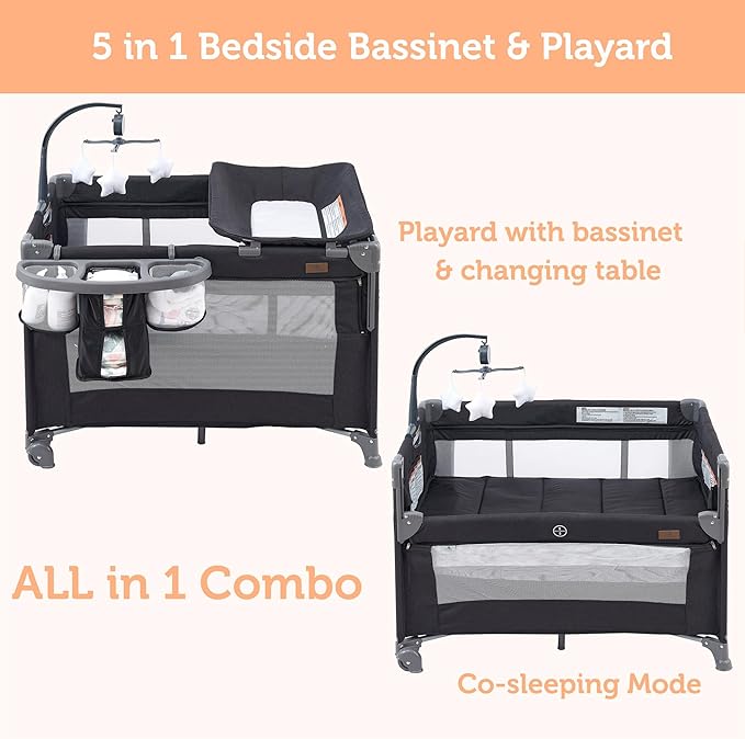 5 in 1 Baby Bedside Sleeper,Baby Pack and Play with Bassinet & Mattress,Portable Bedside Crib with Storage, Playard with Bassinet from Newborn to Toddlers(Dark Grey) (Light Gray)