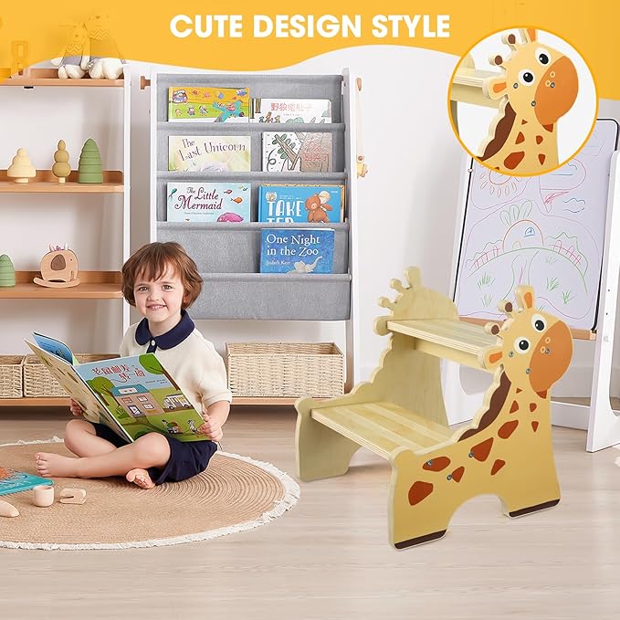 Toddler Step Stool, 2-Step Wooden Step Stool for Toddlers with Non-Slip Base, Cute Printed Design Potty Training Stool for Bathroom Sink, Kitchen & Bedroom (Giraffe)