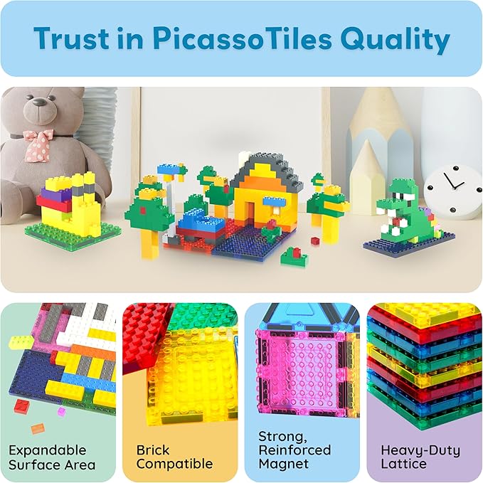 PicassoTiles 1016pcs Magnetic Tile & Building Brick Combo Construction STEM Toy Magnet Tiles for Creative Play Educational Toys for 3+ Large Bricks for Toddlers Compatible with Major Brands PTS1016