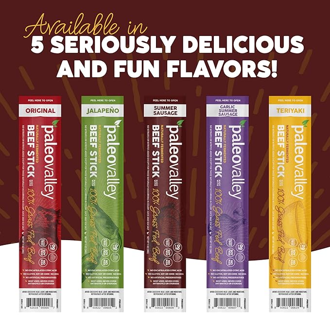Paleovalley 100% Grass Fed Summer Sausage Beef Sticks - Delicious Gluten Free Beef Snack - High Protein Keto Friendly