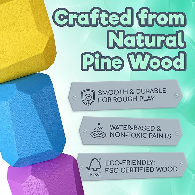 Wooden Stacking Blocks β Montessori Toys for 1 2 3 4 5 6 Year Old Toddlers and Kids, No Choking Hazard β Building Rocks Stones Games, for Girls and Boys