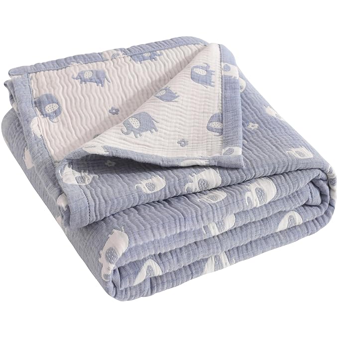 NTBAY 3 Layer Oversized Muslin Cotton Toddler Blanket, Jacquard Reversible Nursery Bed Blanket, Super Soft and Thermal for All Seasons, Baby Gift, 45"x60", Blue Elephant