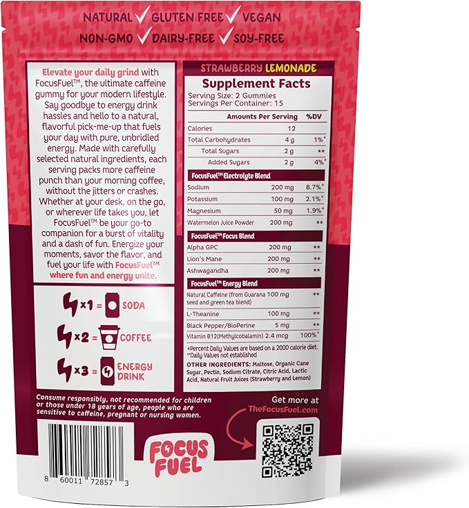 Energy Chews – Strawberry Lemonade Flavor (15 Servings) – 100mg Caffeine + Alpha GPC + L-Theanine + B12, Magnesium – Boost Focus & Energy – No Crash or Jitters