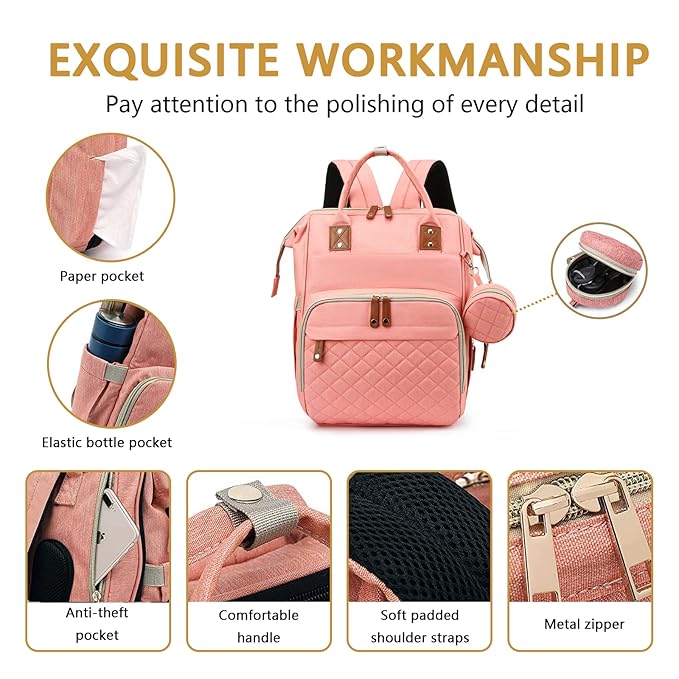 Diaper Bag Backpack with Changing Station Portable 3 in 1 Multifunction Backpack Travel mommy bag Stroller Pink