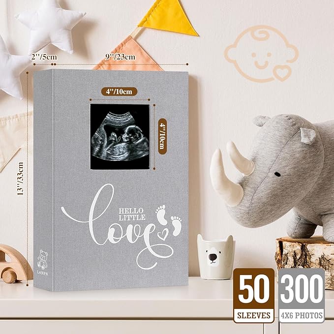 Lanpn Baby Photo Album 4x6 300 Pockets, Linen Cover Ultrasound Album with Memo Writing Area, Bebe Sonogram Photobook, Slip-in Picture Book, Newborn Memory Book Keepsake Gifts for Boy Baby Shower Grey