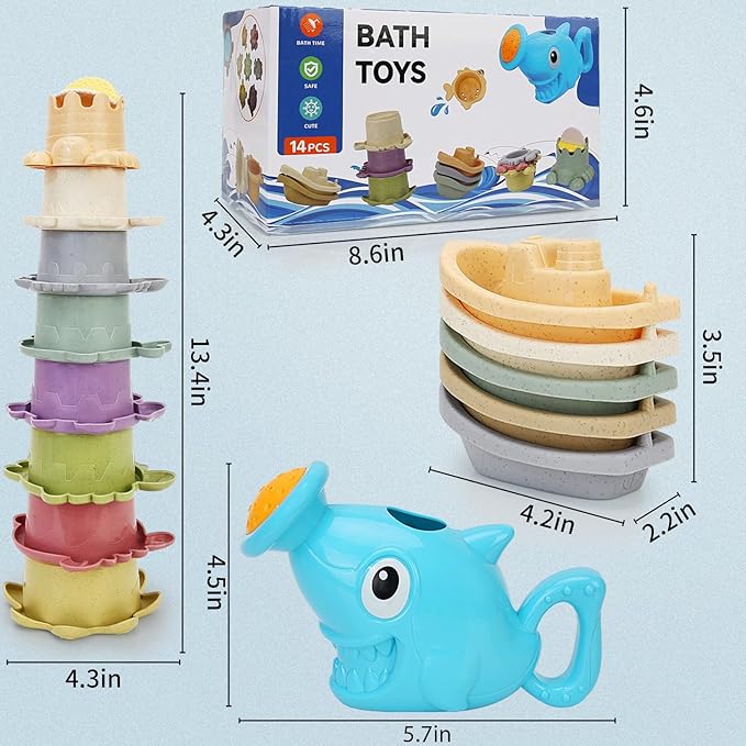 Baby Bath Toys for Toddlers 1-3, 14 Pcs Bathtub Toys for for Kids Age 2-4,Mold Free Bath Boat with Stacking Cup & Watering Can , Water Table Toys for Infants Boys Girls Babies 6-12-18 Months