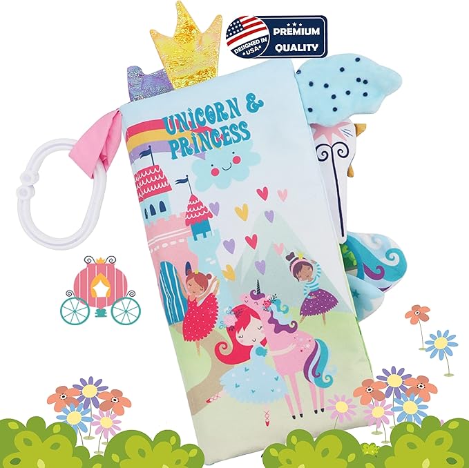 Unicorn Baby Books 0-6 Months Toys 6 to 12 Months, Touch Feel Cloth Crinkle Books for Babies,Infants, Soft Sensory Stroller Toys Baby Gifts Shower Items, Chweing Book, Easter Gift-Princess