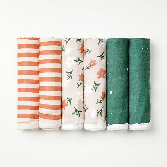 Nightingale Baby Washcloths, Rayon from Bamboo Baby Clothes Organic Wash Cloths with Cotton, Newborn Bath Essentials, Burping Cloths for Babies, Face Towels Reusable 12"x12" (Floral) 6 Pack