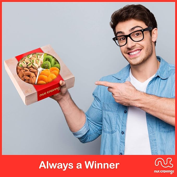 NUT CRAVINGS - Rosh Hashana & Shana Tova Dried Fruit & Mixed Nuts Gift Basket in Red Box (4 Assortments) Food Arrangement, Healthy Snack Care Package, Food Assortments