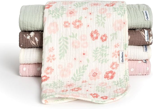 Gerber Baby Unisex Muslin Burp Cloths 5-Pack, Multi Pink Floral, Large Size 20" x 10"