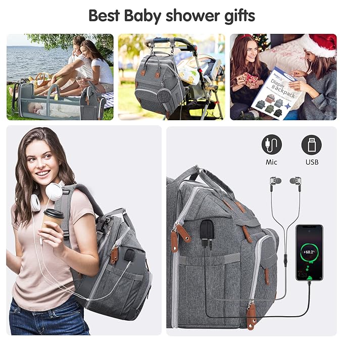 DERJUNSTAR Baby Diaper Bag Backpack with ChangingStation-Large Capacity Baby Bag for Boys & Girls, USBCharging Port, Pacifier Case, sunshade & Toy Bar,Waterproof, Pale Grey