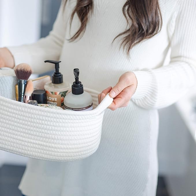 NaturalCozy 3-Piece Oval Storage Basket Set– Soft Natural Rope Woven Baskets for Storage Shelf, Toy, Nursery, Gift, Baby Shower, Pets Cat Dog Bins, Kitchen | Small Basket for Organizing (Off White)