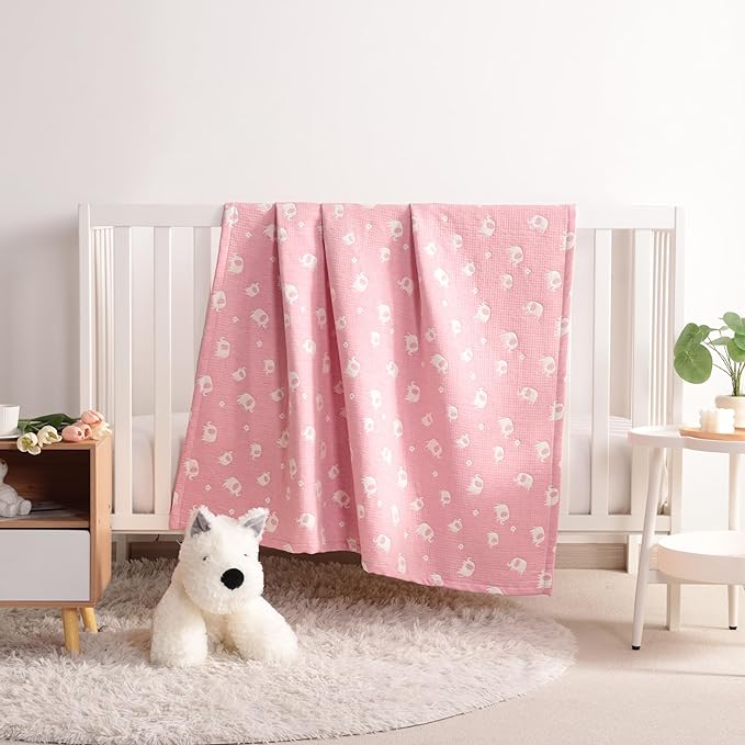 NTBAY 3 Layer Muslin Cotton Toddler Blanket, Jacquard Reversible Nursery Bed Blanket, Super Soft and Thermal for All Seasons, Decoration Gift, 30"x40", Pink Elephant