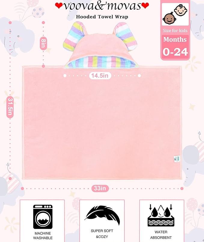 VOOVA & MOVAS Thick Baby Hooded Bath Towel - 100% Cotton,500GSM, 33x31.5 Inches,0-2Years,Super Absorbent Large Towel with Cute Elephant Ears Hood for Newborn, Baby, Infant, Baby Essentials,Pink